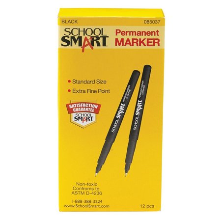 SCHOOL SMART Permanent Markers, Extra Fine Tip, Black, Pack of 12 PK PY109200-EF